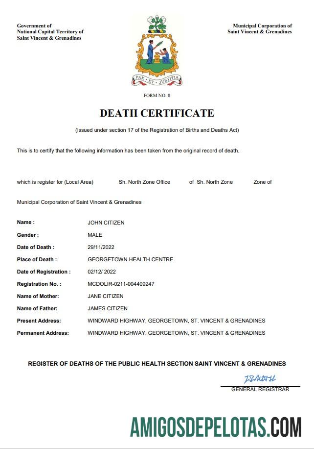 Imprimível modelo Word e PDF de certidão de óbito de registro vital de São Vicente e Granadinas